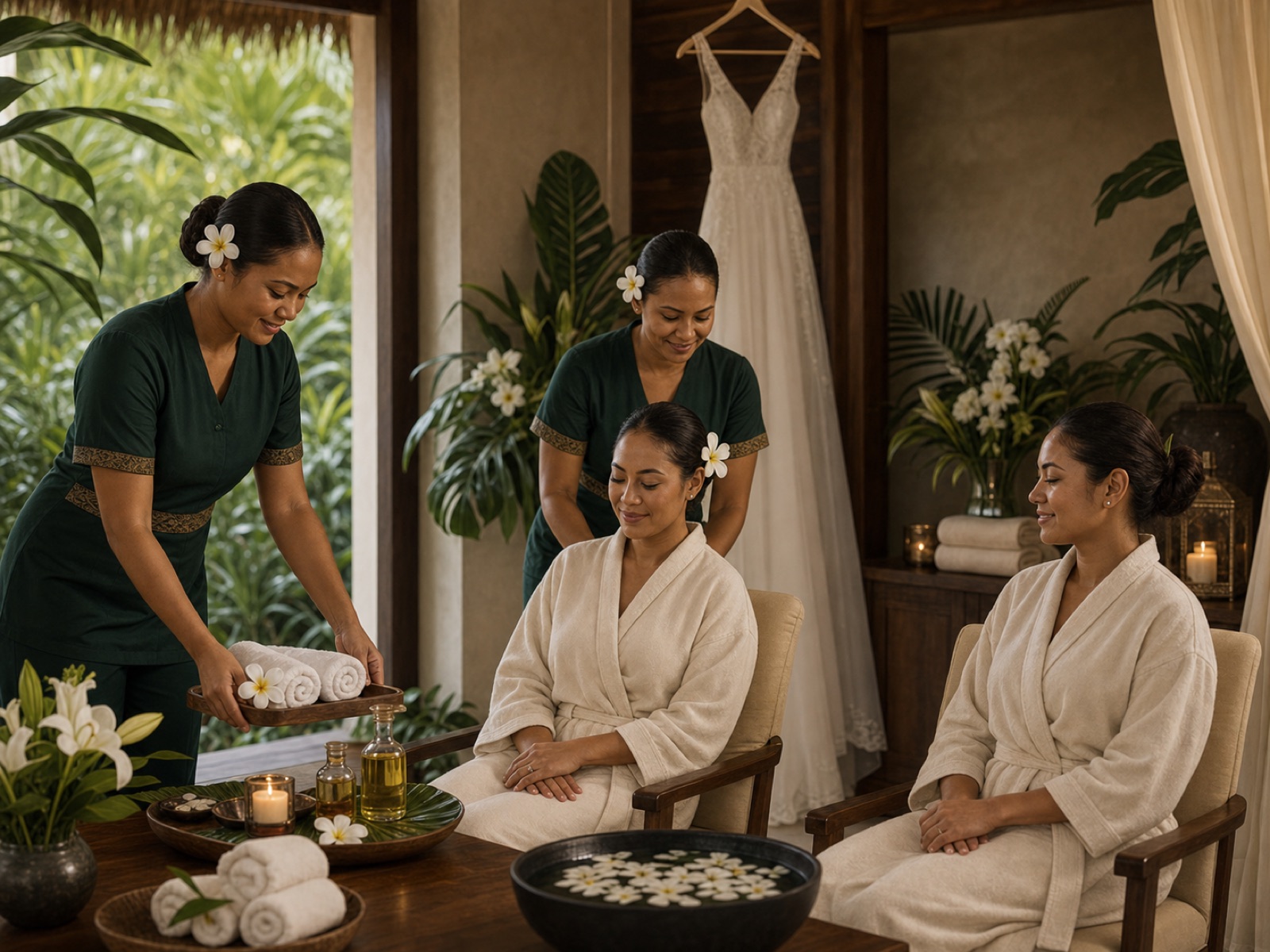 Fijian spa therapists preparing beauty treatments for a bridal spa group