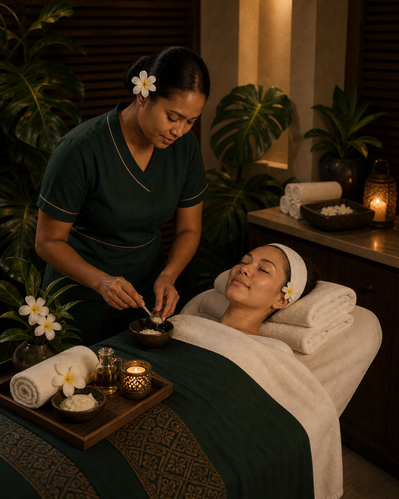 Fijian spa therapist preparing a professional facial treatment in a private spa room