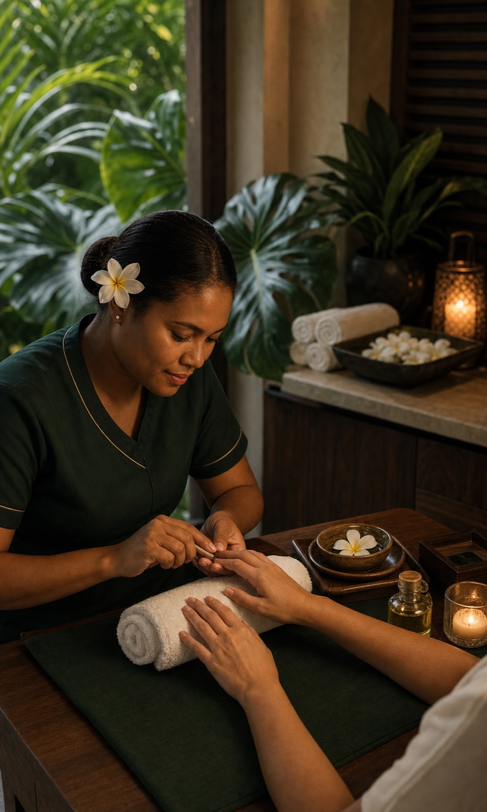 Adult Fijian spa therapist providing a professional manicure and beauty treatment