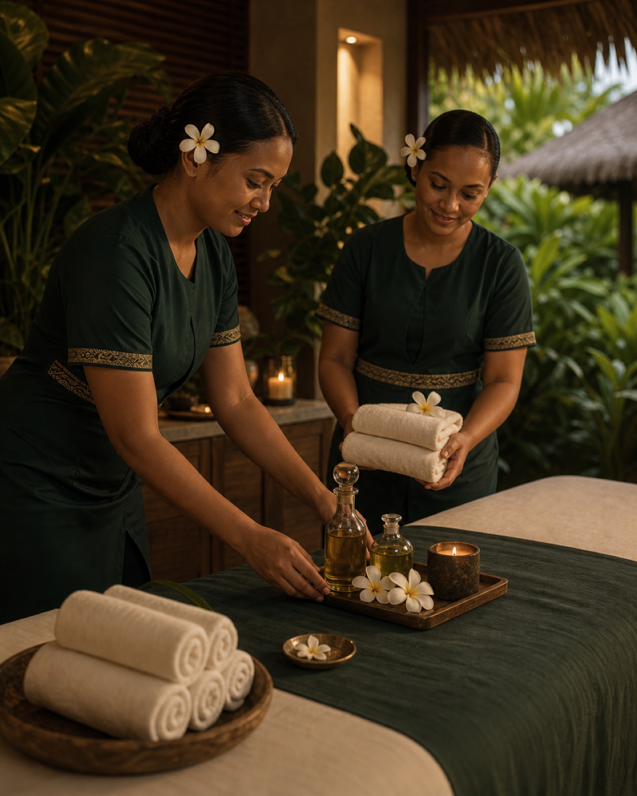 Adult Fijian spa therapist preparing a mobile spa treatment table on a tropical Fiji villa terrace