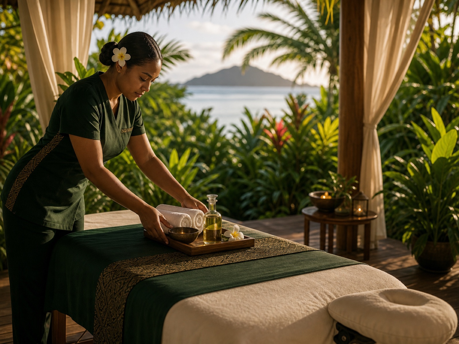 Adult Fijian spa therapist providing a seated wellness treatment in a private tropical spa room
