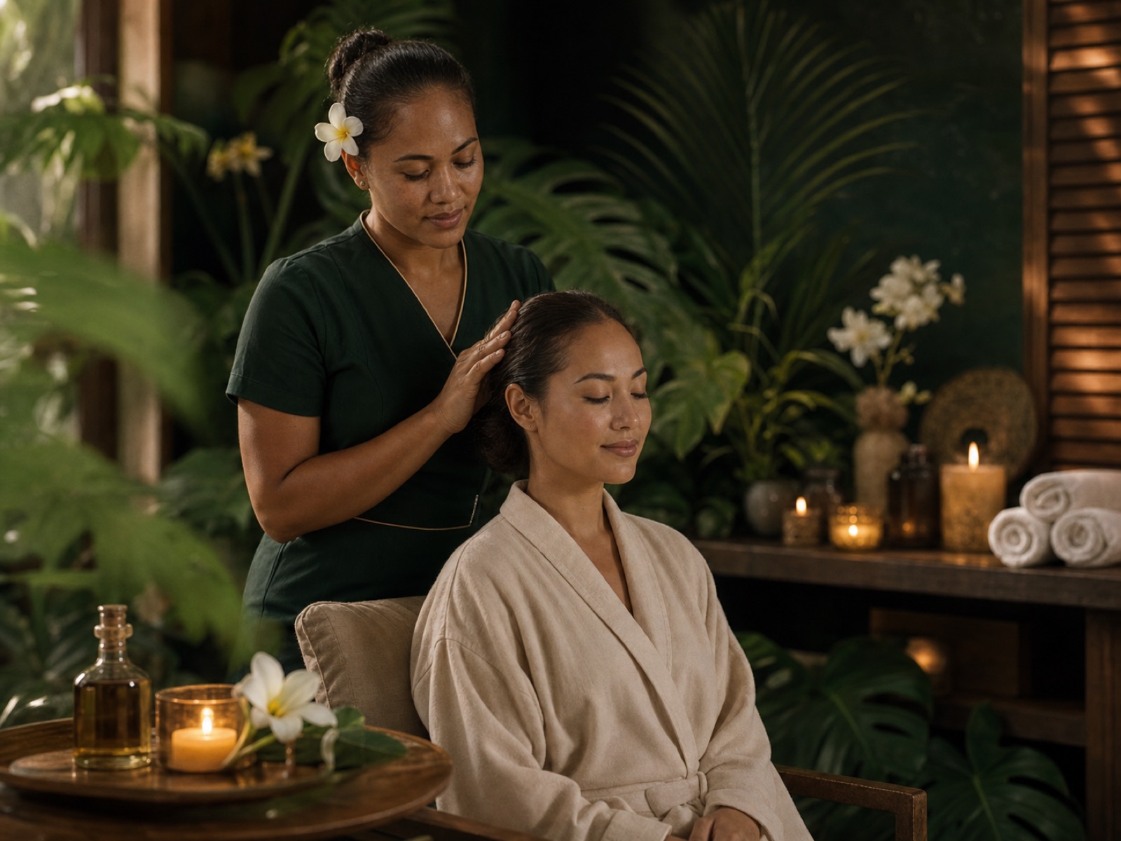 Adult Fijian spa therapists preparing towels, oils, and orchids in a premium private spa room