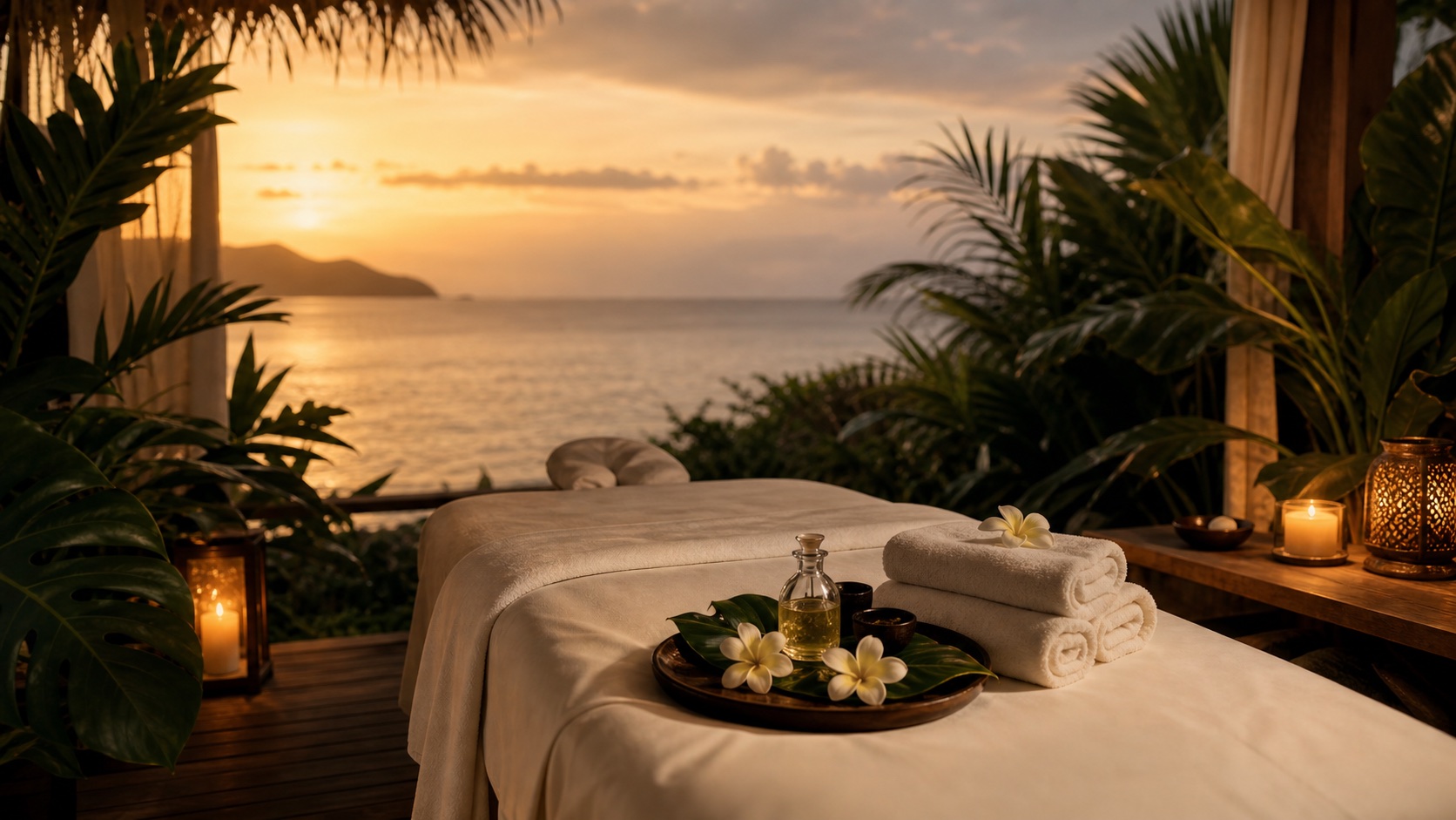 Luxury massage bed on a tropical Fiji villa terrace at sunset